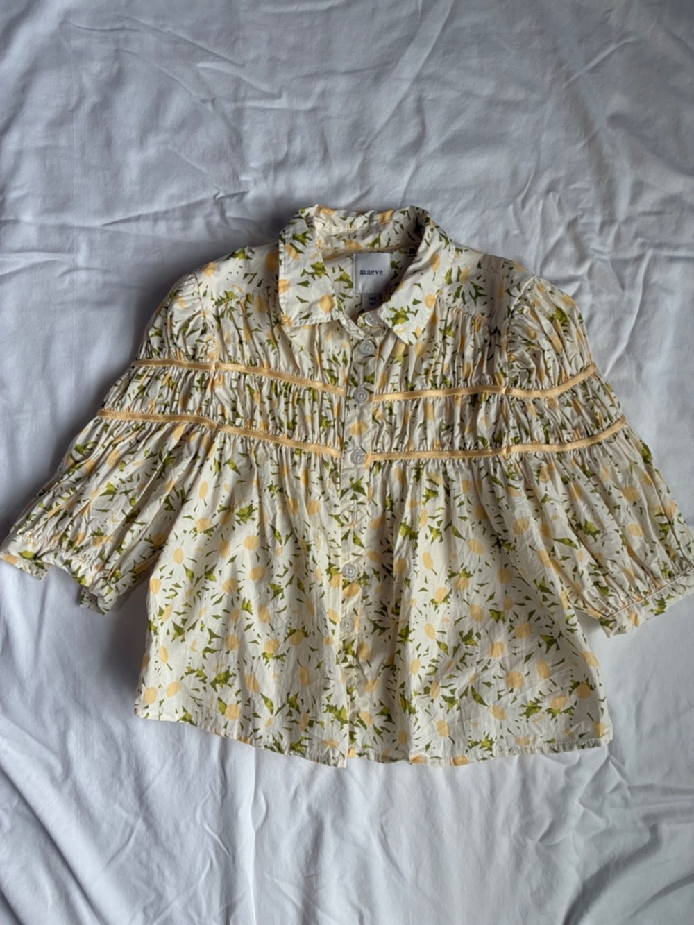 Maeve Yellow Floral Smocked Button-Up Blouse XXS